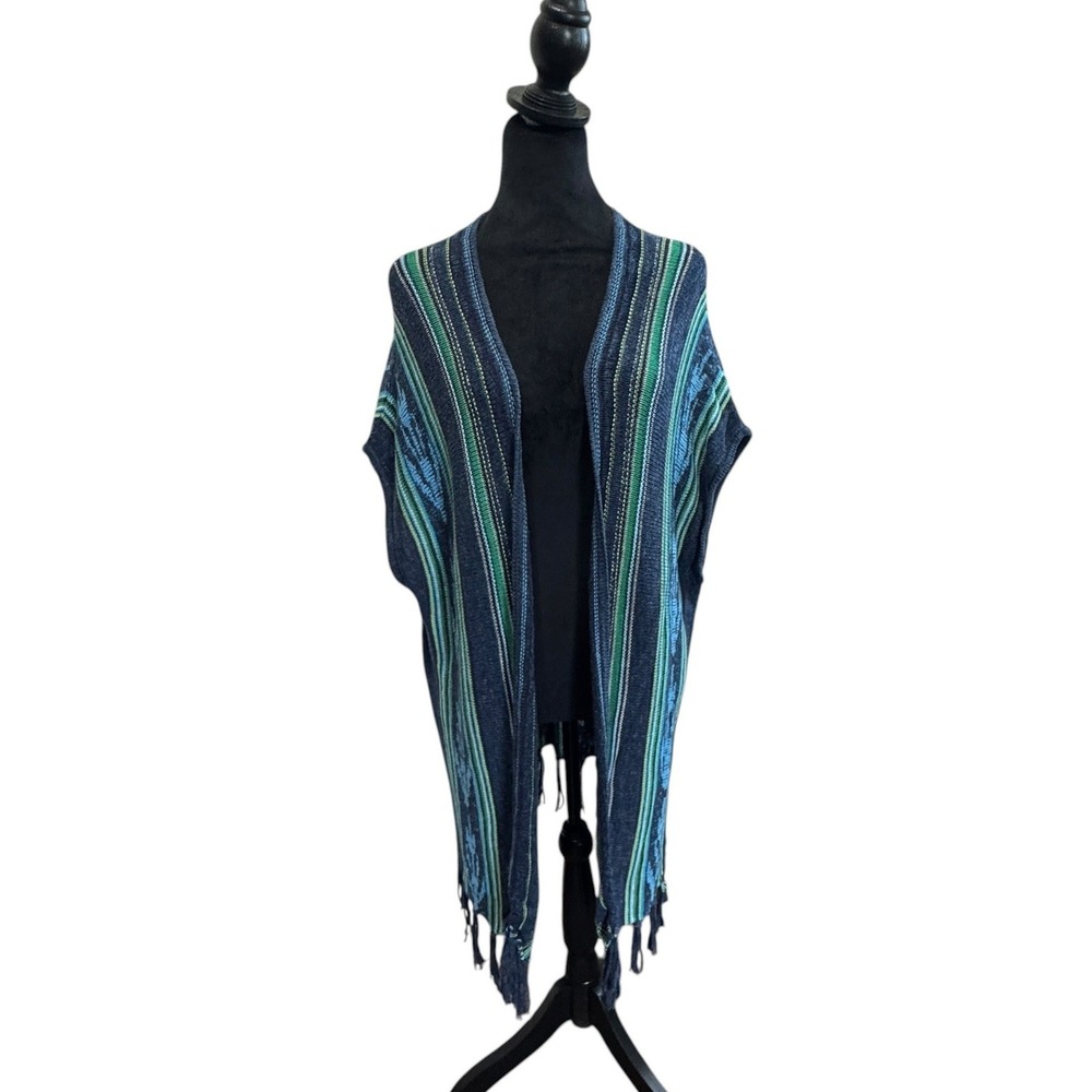Chaps Denim Knit Vest Womens L Blue Green Striped Fringe Boho Southwestern